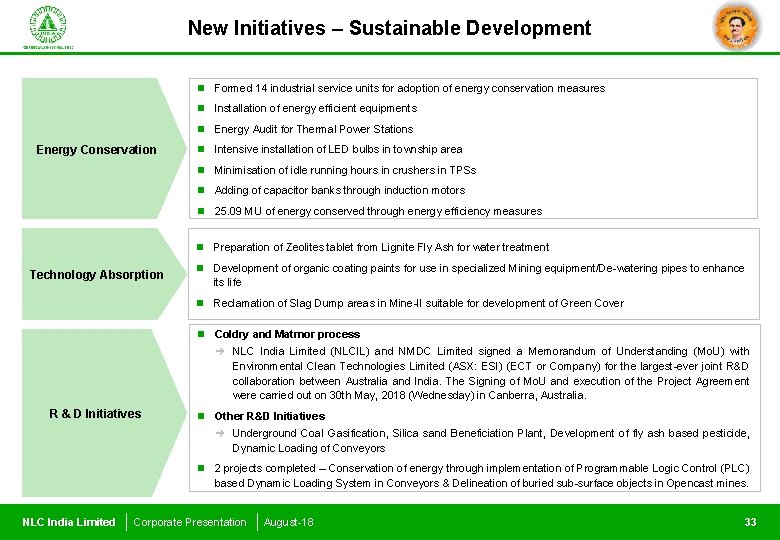 New Initiatives – Sustainable Development Energy Conservation Technology Absorption n Formed 14 industrial service