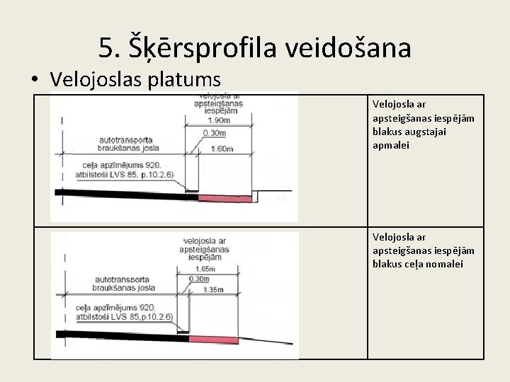 5. Šķērsprofila veidošana • Velojoslas platums Velojosla ar apsteigšanas iespējām blakus augstajai apmalei Velojosla