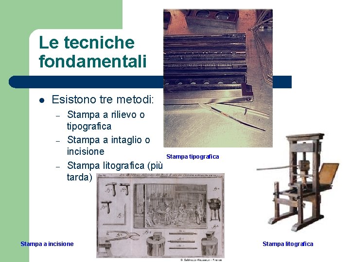 Le tecniche fondamentali l Esistono tre metodi: – – – Stampa a rilievo o