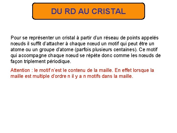 DU RD AU CRISTAL Pour se représenter un cristal à partir d’un réseau de