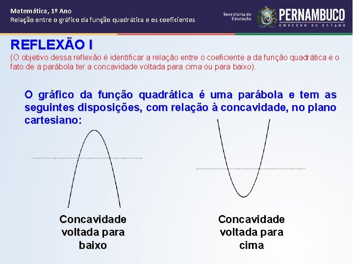 Matemática, 1º Ano Relação entre o gráfico da função quadrática e os coeficientes REFLEXÃO