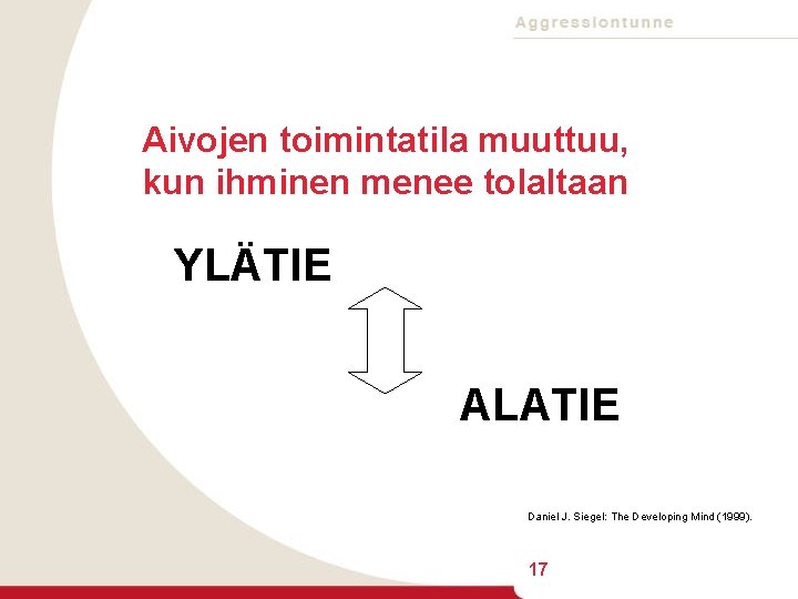 Aivojen toimintatila muuttuu, kun ihminen menee tolaltaan YLÄTIE ALATIE Daniel J. Siegel: The Developing
