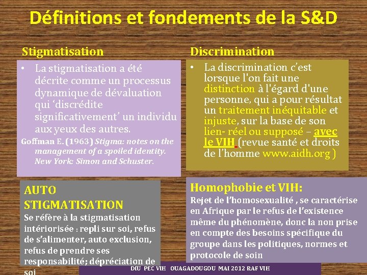 Définitions et fondements de la S&D Stigmatisation Discrimination • La discrimination c’est • La Définitions et fondements de la S&D Stigmatisation Discrimination • La discrimination c’est • La