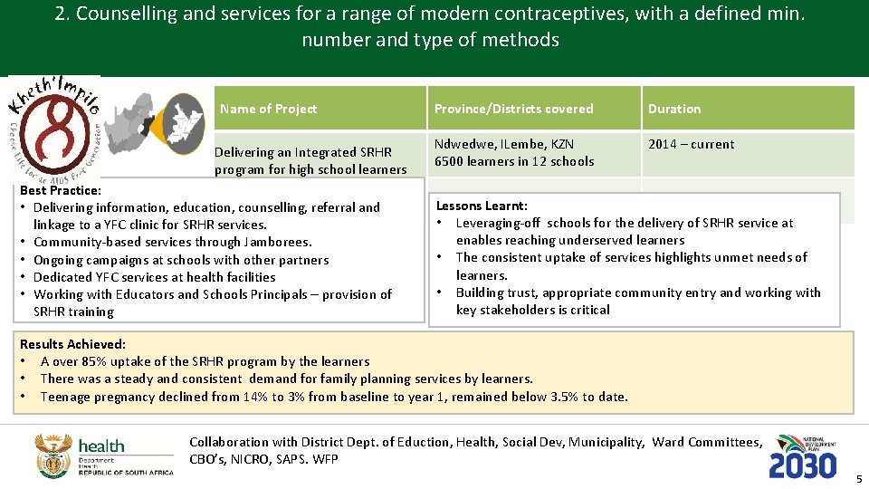 2. Counselling and services for a range of modern contraceptives, with a defined min.