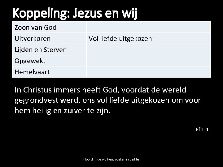 Koppeling: Jezus en wij Zoon van God Uitverkoren Lijden en Sterven Opgewekt Vol liefde