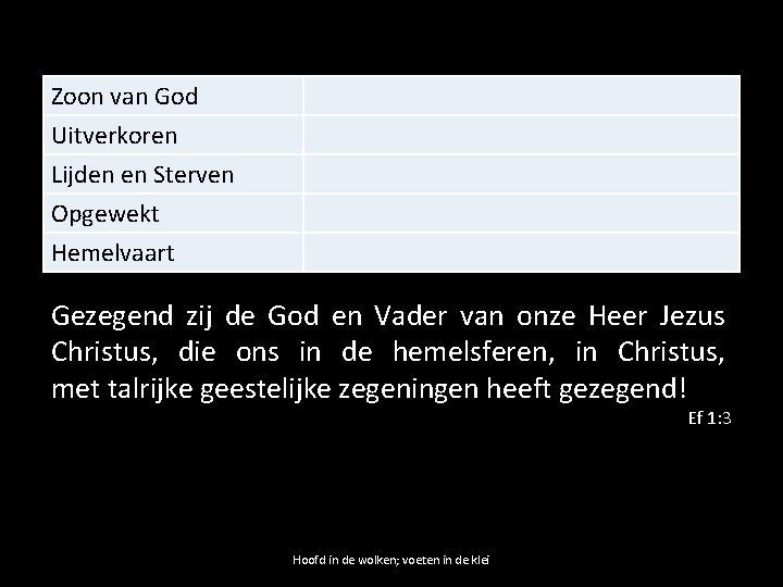 Zoon van God Uitverkoren Lijden en Sterven Opgewekt Hemelvaart Gezegend zij de God en