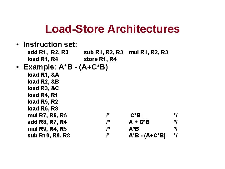 Load-Store Architectures • Instruction set: add R 1, R 2, R 3 load R