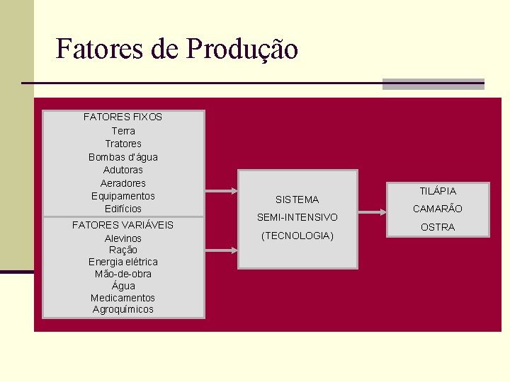 Fatores de Produção FATORES FIXOS Terra Tratores Bombas d’água Adutoras Aeradores Equipamentos Edifícios FATORES