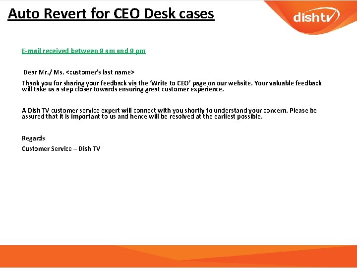 Auto Revert for CEO Desk cases E-mail received between 9 am and 9 pm