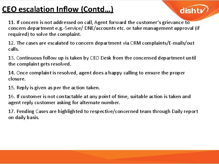 CEO escalation Inflow (Contd…) 11. If concern is not addressed on call, Agent forward