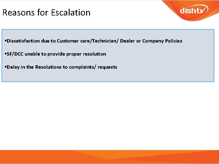 Reasons for Escalation §Dissatisfaction due to Customer care/Technician/ Dealer or Company Policies §SF/DCC unable