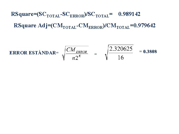 RSquare=(SCTOTAL-SCERROR)/SCTOTAL= 0. 989142 RSquare Adj=(CMTOTAL-CMERROR)/CMTOTAL=0. 979642 ERROR ESTÁNDAR== = = 0. 3808 
