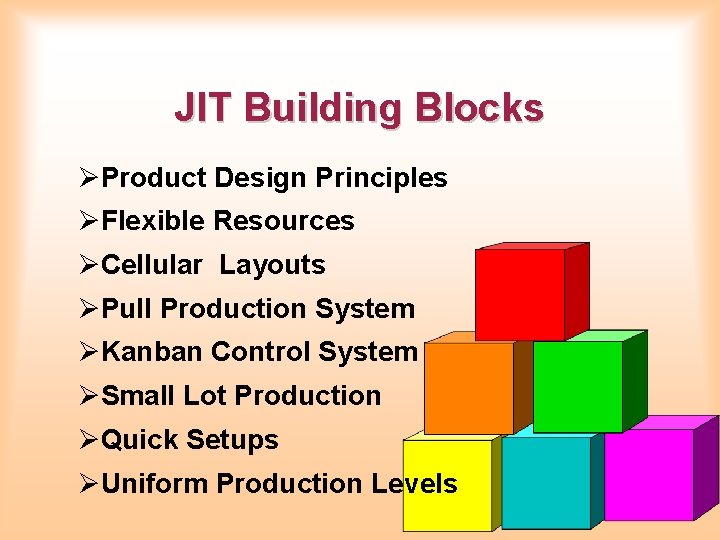 JIT Building Blocks ØProduct Design Principles ØFlexible Resources ØCellular Layouts ØPull Production System ØKanban JIT Building Blocks ØProduct Design Principles ØFlexible Resources ØCellular Layouts ØPull Production System ØKanban