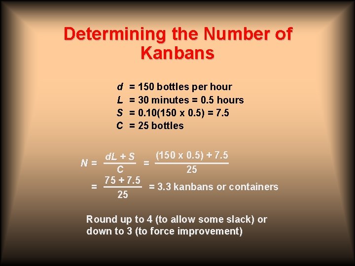 Determining the Number of Kanbans d L S C = 150 bottles per hour Determining the Number of Kanbans d L S C = 150 bottles per hour