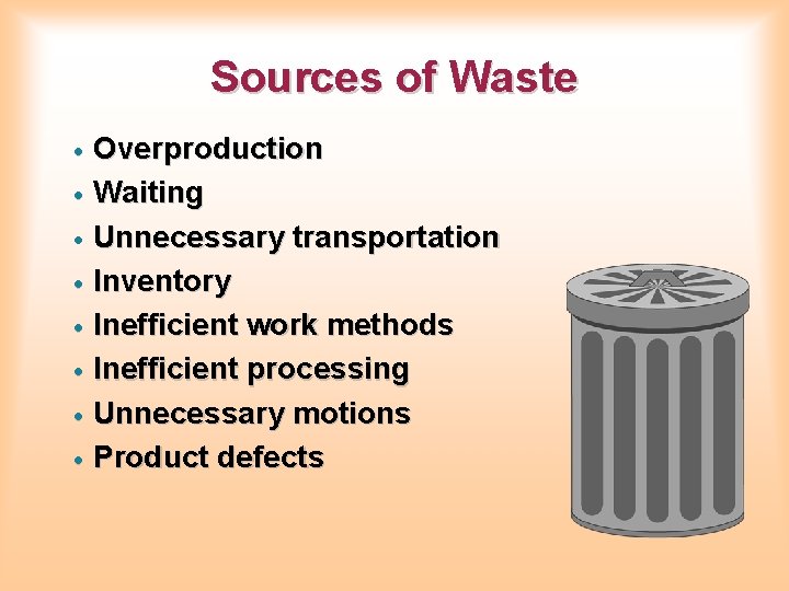 Sources of Waste Overproduction · Waiting · Unnecessary transportation · Inventory · Inefficient work Sources of Waste Overproduction · Waiting · Unnecessary transportation · Inventory · Inefficient work