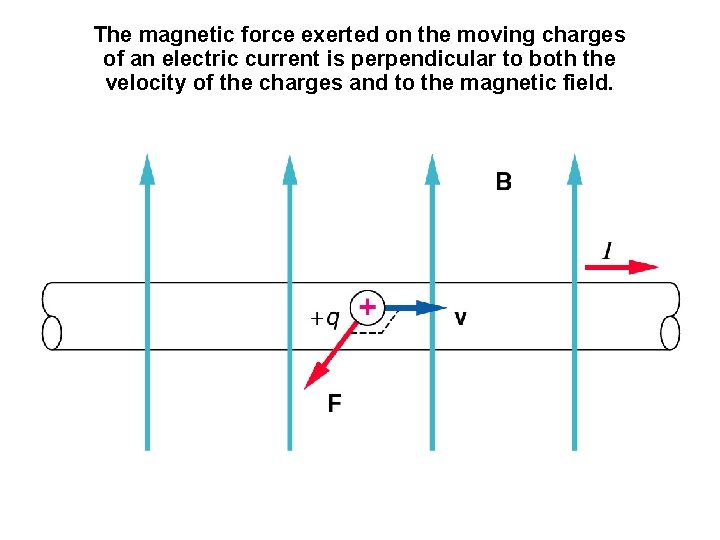 The magnetic force exerted on the moving charges of an electric current is perpendicular