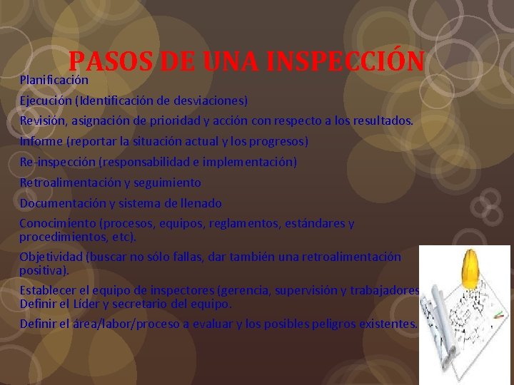 PASOS DE UNA INSPECCIÓN Planificación Ejecución (Identificación de desviaciones) Revisión, asignación de prioridad y PASOS DE UNA INSPECCIÓN Planificación Ejecución (Identificación de desviaciones) Revisión, asignación de prioridad y