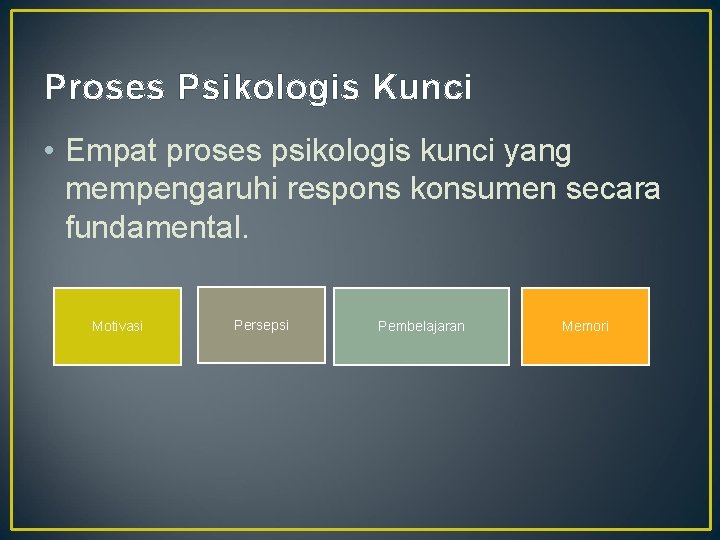 Proses Psikologis Kunci • Empat proses psikologis kunci yang mempengaruhi respons konsumen secara fundamental.