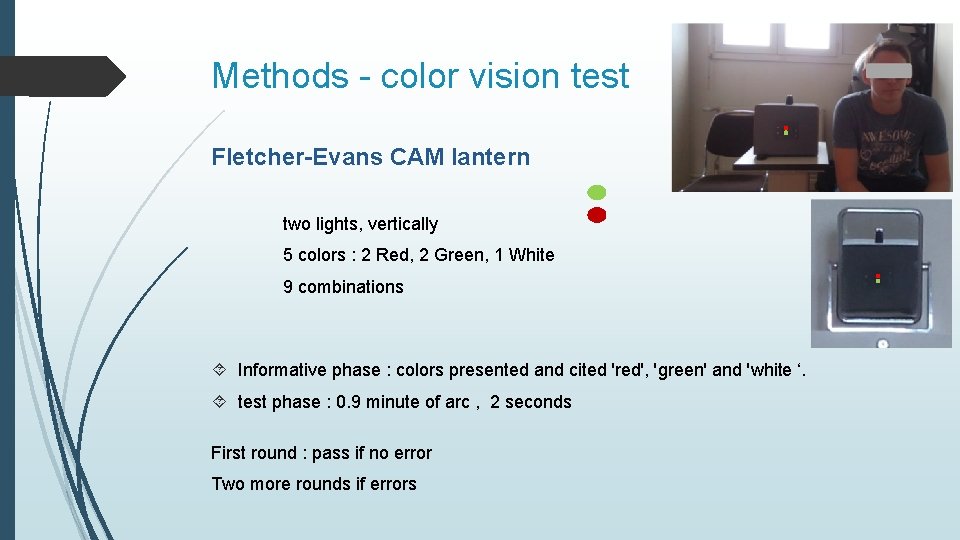 Methods - color vision test Fletcher-Evans CAM lantern two lights, vertically 5 colors :