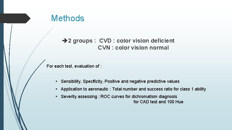 Methods 2 groups : CVD : color vision deficient CVN : color vision normal