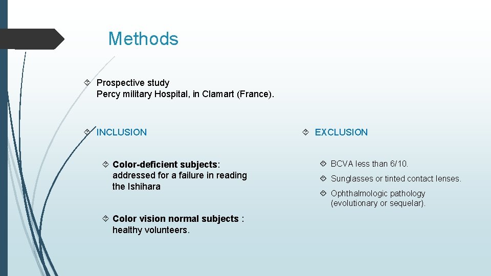 Methods Prospective study Percy military Hospital, in Clamart (France). INCLUSION Color-deficient subjects: addressed for