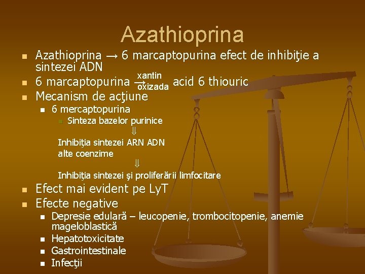 Azathioprina n n n Azathioprina → 6 marcaptopurina efect de inhibiţie a sintezei ADN