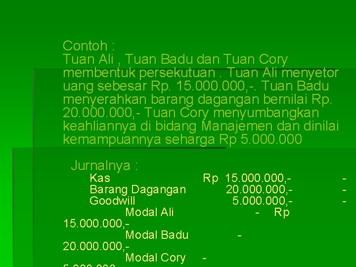 Contoh : Tuan Ali , Tuan Badu dan Tuan Cory membentuk persekutuan. Tuan Ali