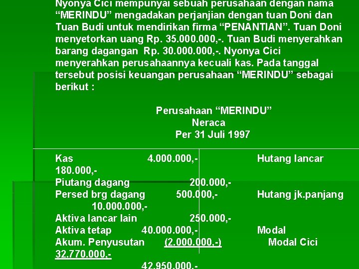 Nyonya Cici mempunyai sebuah perusahaan dengan nama “MERINDU” mengadakan perjanjian dengan tuan Doni dan