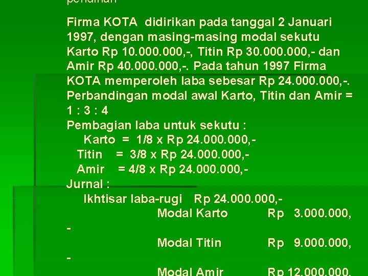 pendirian Firma KOTA didirikan pada tanggal 2 Januari 1997, dengan masing-masing modal sekutu Karto
