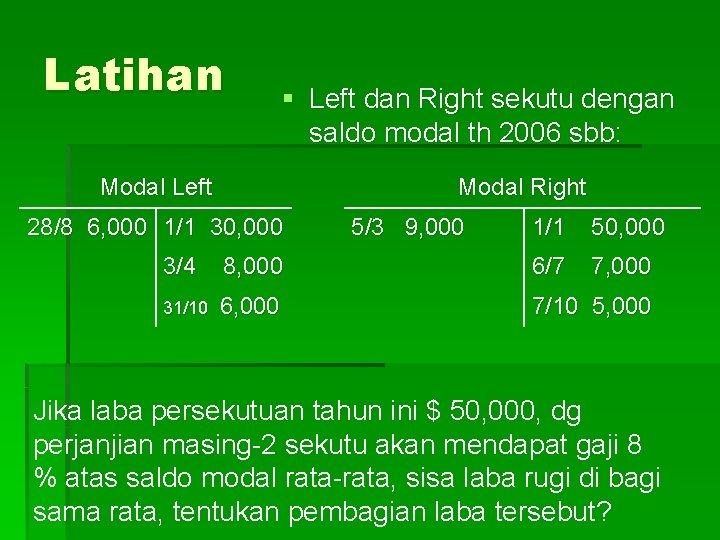 Latihan § Left dan Right sekutu dengan saldo modal th 2006 sbb: Modal Left