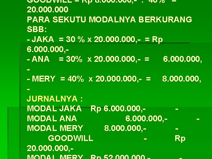 GOODWILL = Rp 8. 000, - : 40% = 20. 000 PARA SEKUTU MODALNYA