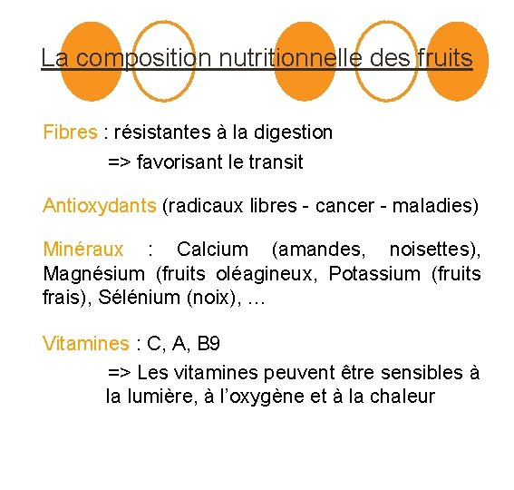 La composition nutritionnelle des fruits Fibres : résistantes à la digestion => favorisant le