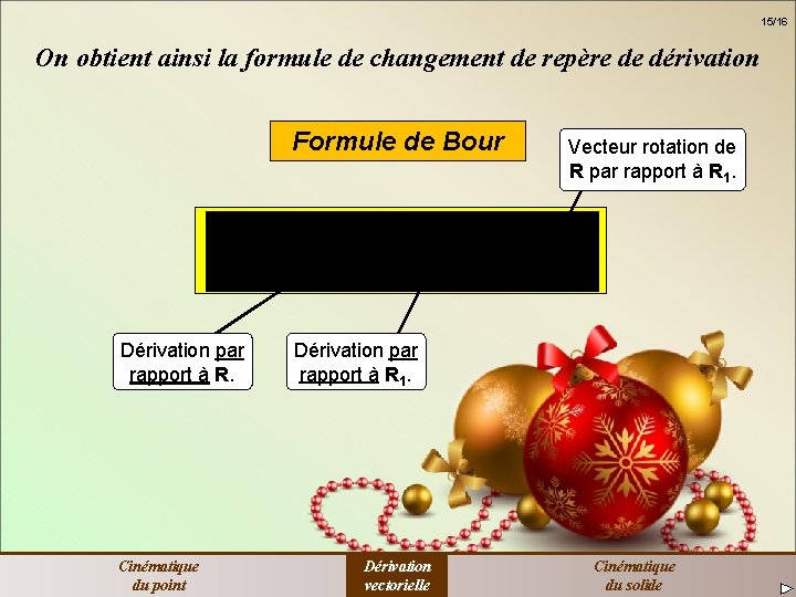 15/16 On obtient ainsi la formule de changement de repère de dérivation Formule de