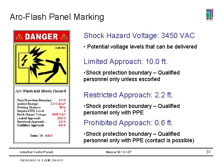 Arc-Flash Panel Marking Shock Hazard Voltage: 3450 VAC • Potential voltage levels that can