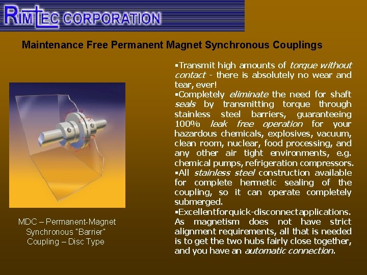 Maintenance Free Permanent Magnet Synchronous Couplings MDC – Permanent-Magnet Synchronous “Barrier” Coupling – Disc