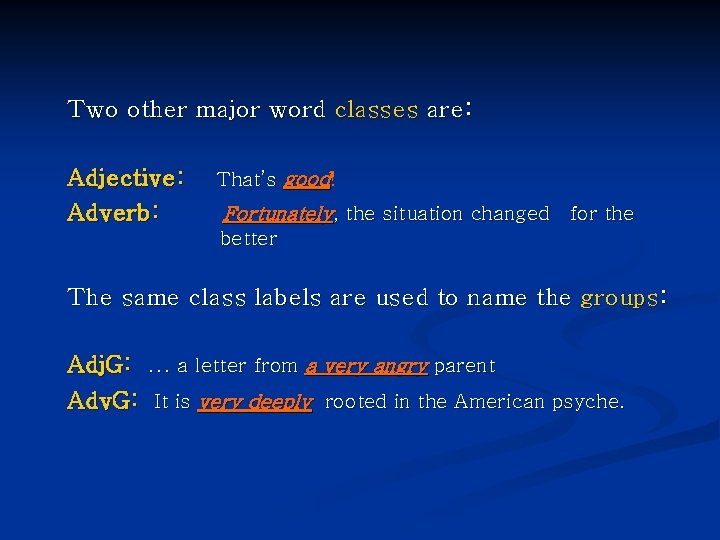 Two other major word classes are: Adjective: Adverb: That’s good! Fortunately, the situation changed