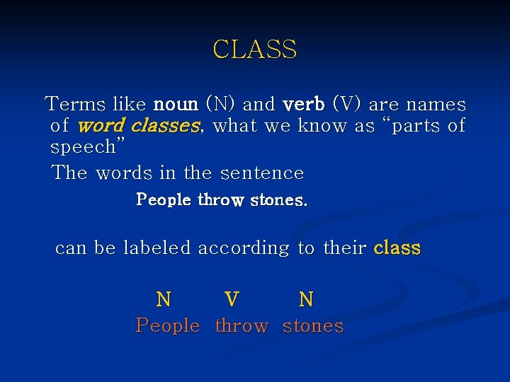 CLASS Terms like noun (N) and verb (V) are names of word classes, what