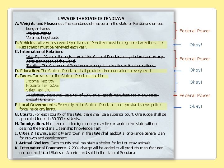 LAWS OF THE STATE OF PENDIANA A. Weights and Measures. The standards of measure