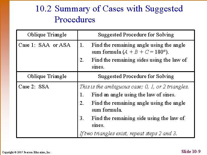 10. 2 Summary of Cases with Suggested Procedures Oblique Triangle Case 1: SAA or