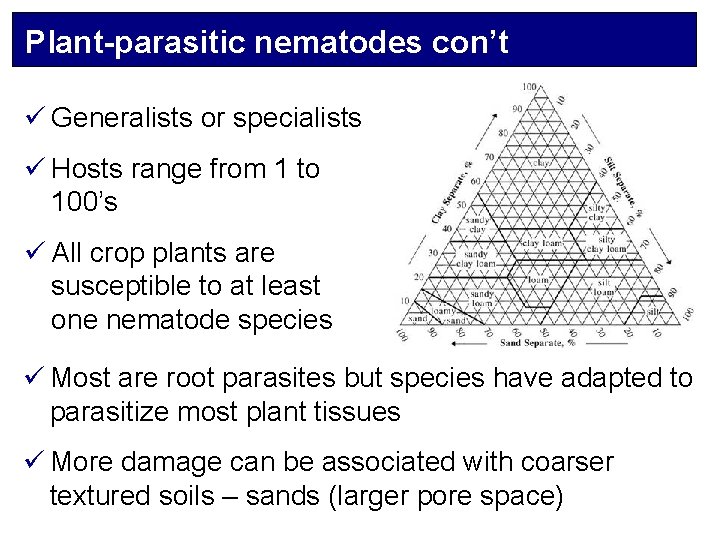 Plant-parasitic nematodes con’t ü Generalists or specialists ü Hosts range from 1 to 100’s