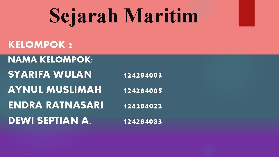 Sejarah Maritim KELOMPOK 2 NAMA KELOMPOK: SYARIFA WULAN AYNUL MUSLIMAH ENDRA RATNASARI DEWI SEPTIAN