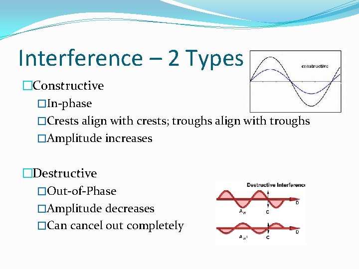 Interference – 2 Types �Constructive �In-phase �Crests align with crests; troughs align with troughs