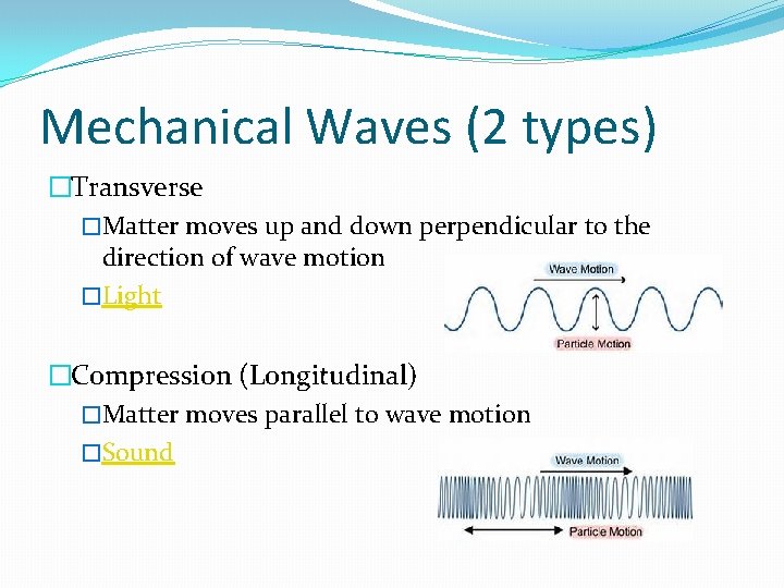 Mechanical Waves (2 types) �Transverse �Matter moves up and down perpendicular to the direction