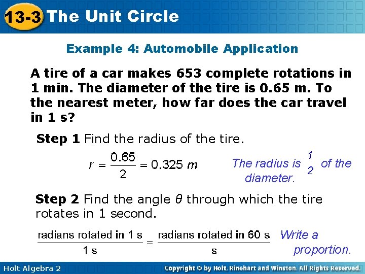 13 -3 The Unit Circle Example 4: Automobile Application A tire of a car