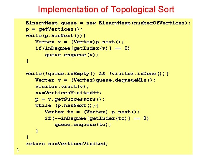 Implementation of Topological Sort Binary. Heap queue = new Binary. Heap(number. Of. Vertices); p Implementation of Topological Sort Binary. Heap queue = new Binary. Heap(number. Of. Vertices); p