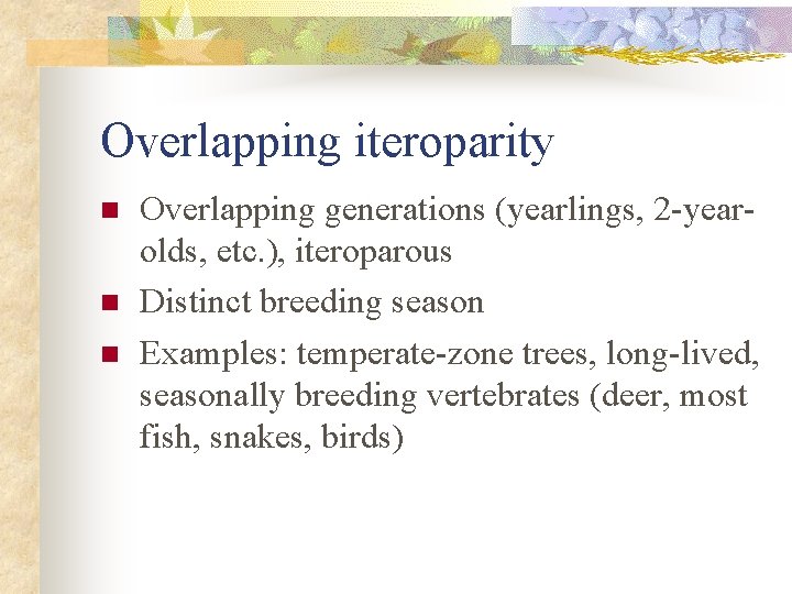 Overlapping iteroparity n n n Overlapping generations (yearlings, 2 -yearolds, etc. ), iteroparous Distinct