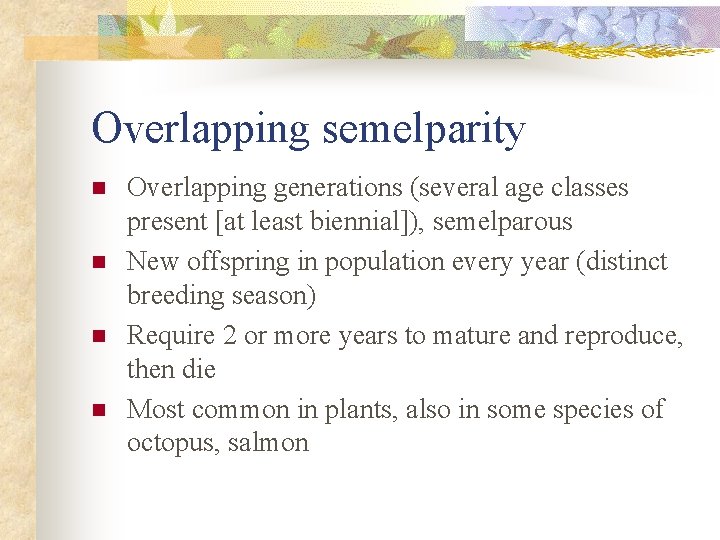 Overlapping semelparity n n Overlapping generations (several age classes present [at least biennial]), semelparous