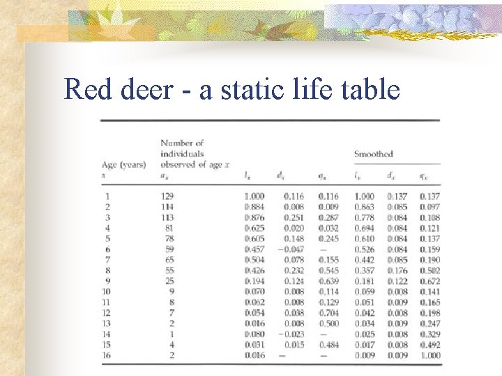 Red deer - a static life table 