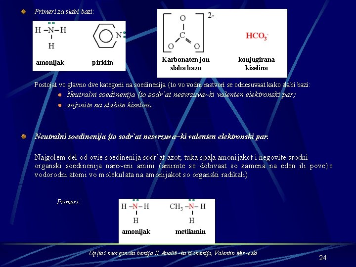 Primeri za slabi bazi: amonijak Karbonaten jon slaba baza piridin konjugirana kiselina Postojat vo