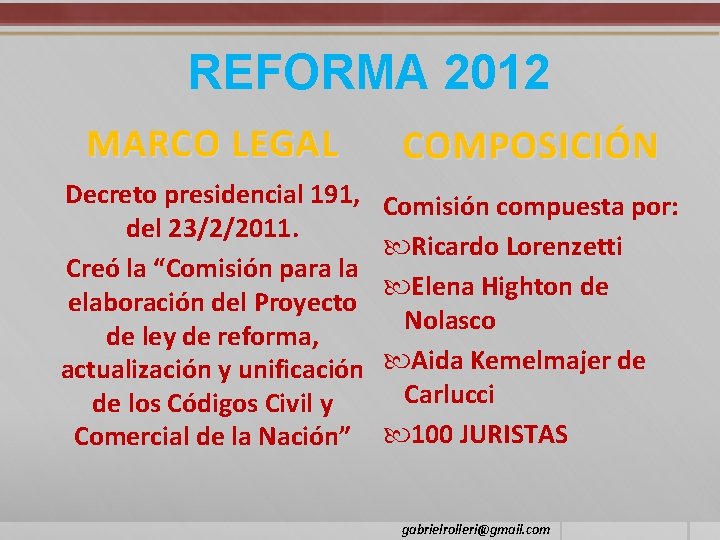 REFORMA 2012 MARCO LEGAL COMPOSICIÓN Decreto presidencial 191, del 23/2/2011. Creó la “Comisión para